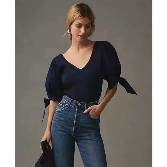 Anthropologie Tops - Anthropologie Maeve Puff-Sleeved Top V Neck Short Sleeve Tie Black Blouse